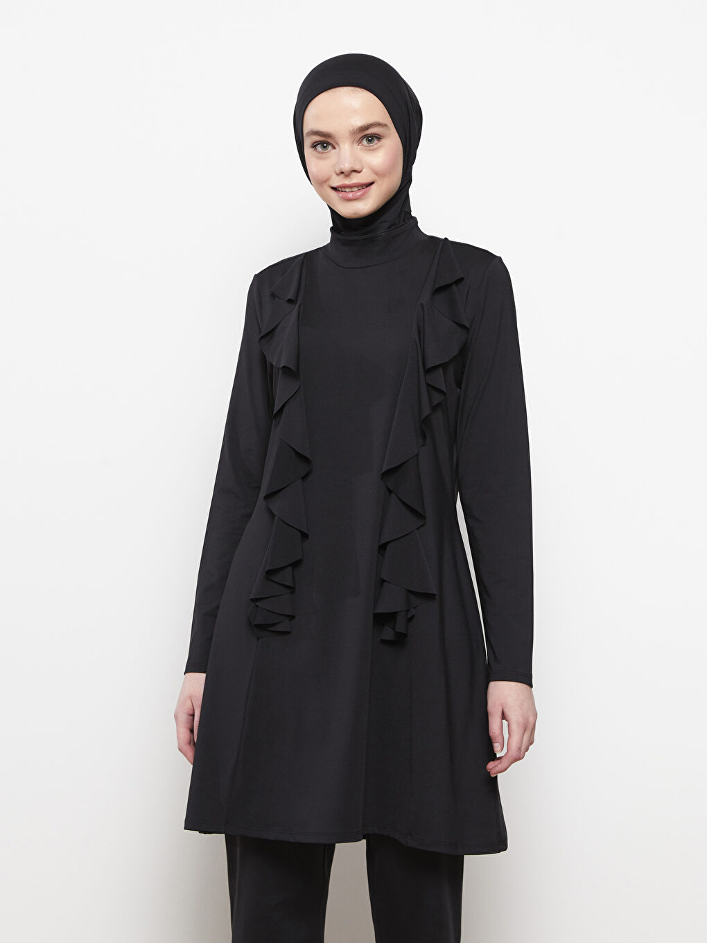 طقم ملابس سباحة محتشمة للنساء بياقة قمع وكم طويل-2