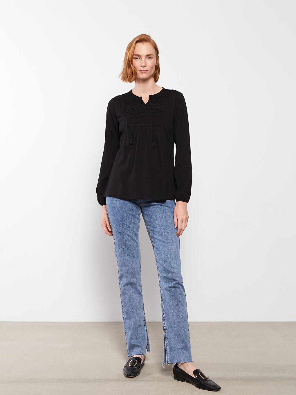 Lapel Collar Embroidered Long Sleeve Cotton Women's T-Shirt