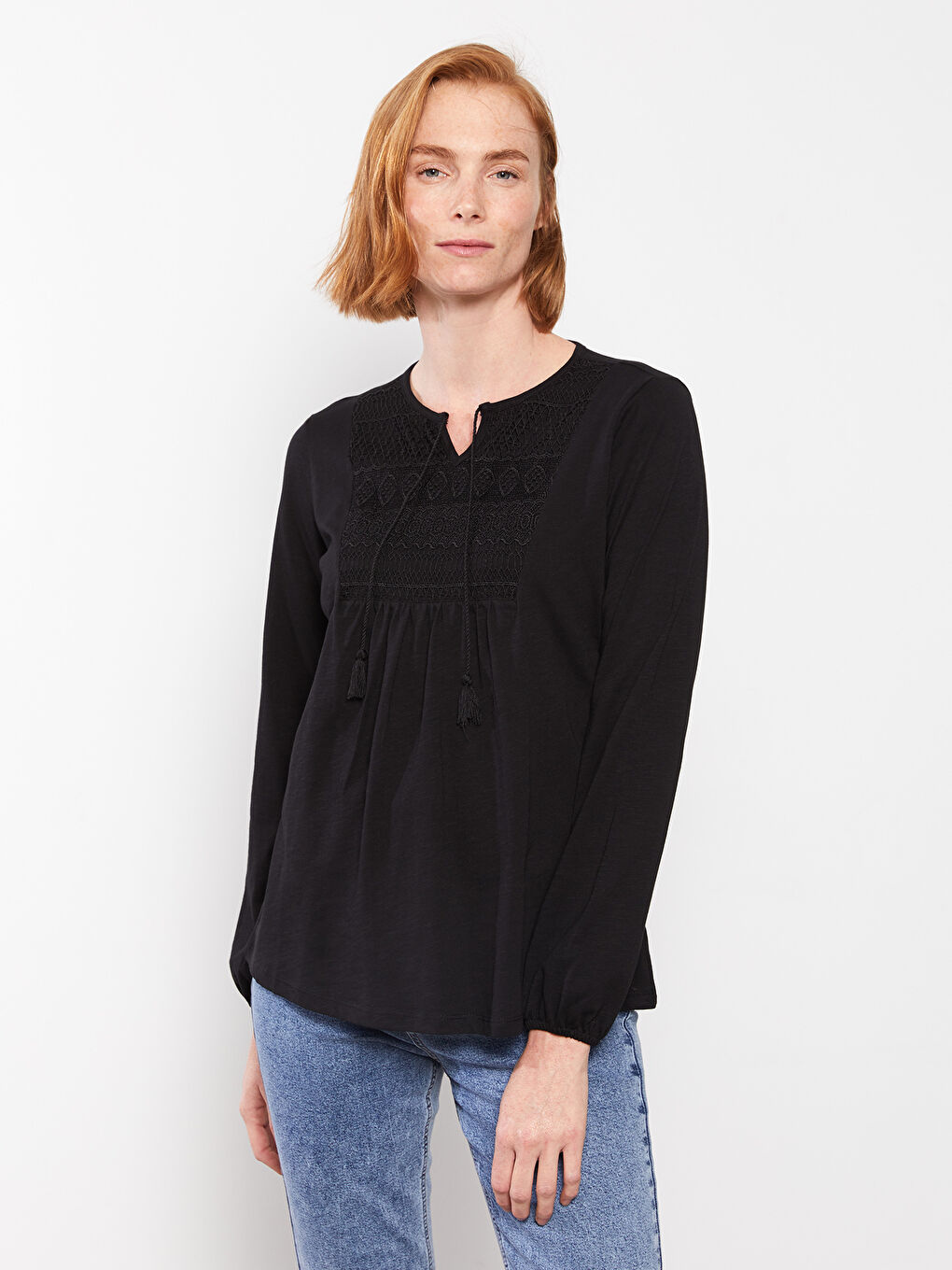 Lapel Collar Embroidered Long Sleeve Cotton Women's T-Shirt-1