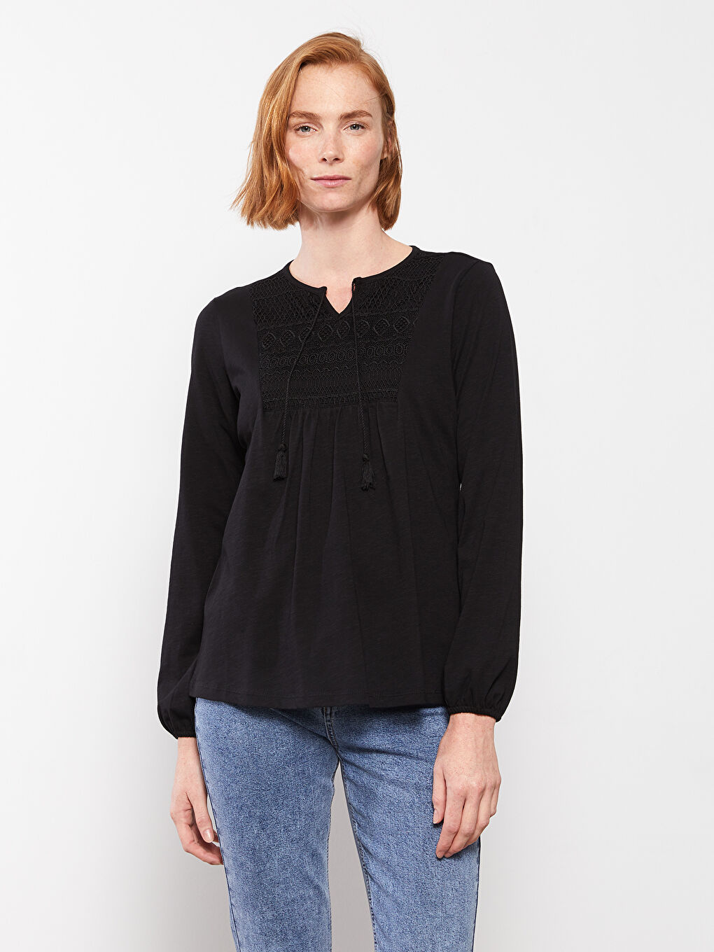 Lapel Collar Embroidered Long Sleeve Cotton Women's T-Shirt-2