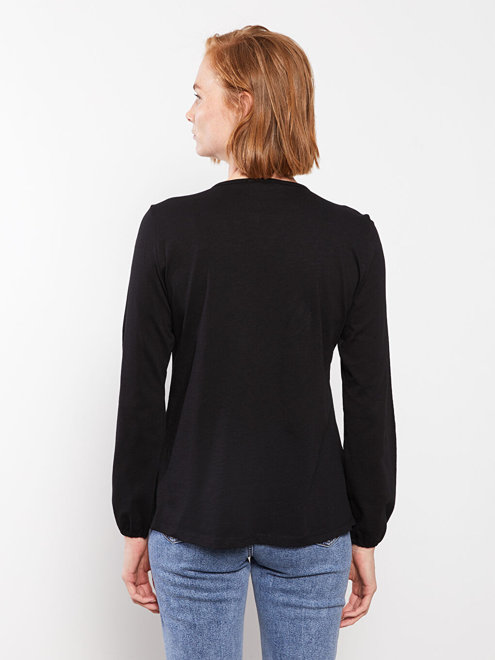 Lapel Collar Embroidered Long Sleeve Cotton Women's T-Shirt-4