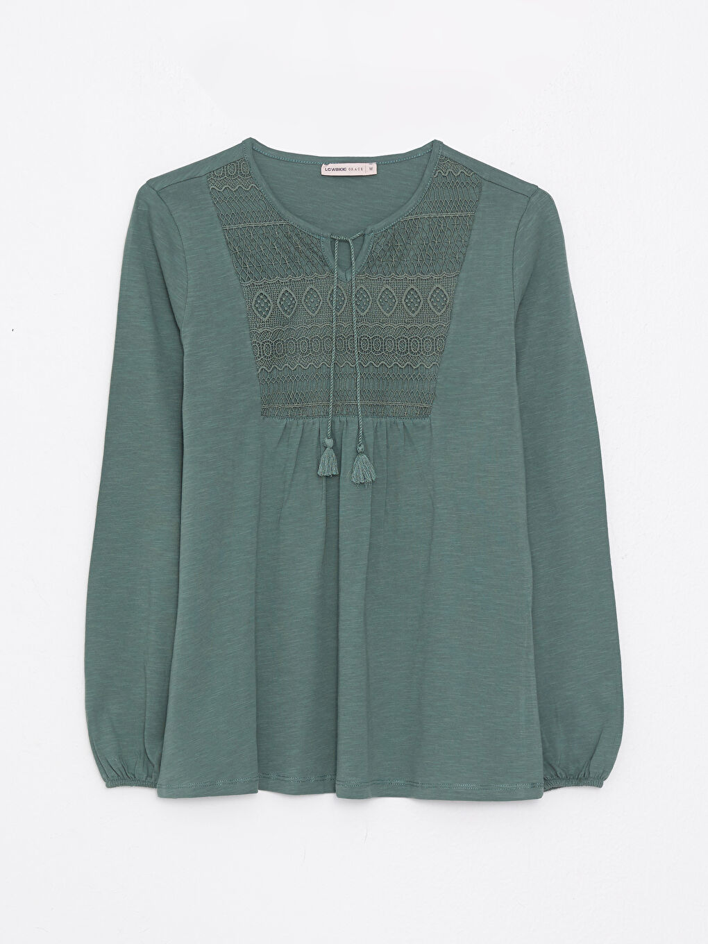 تيشيرت نسائي بأكمام طويلة مطرزة وياقة طية قطنية-4