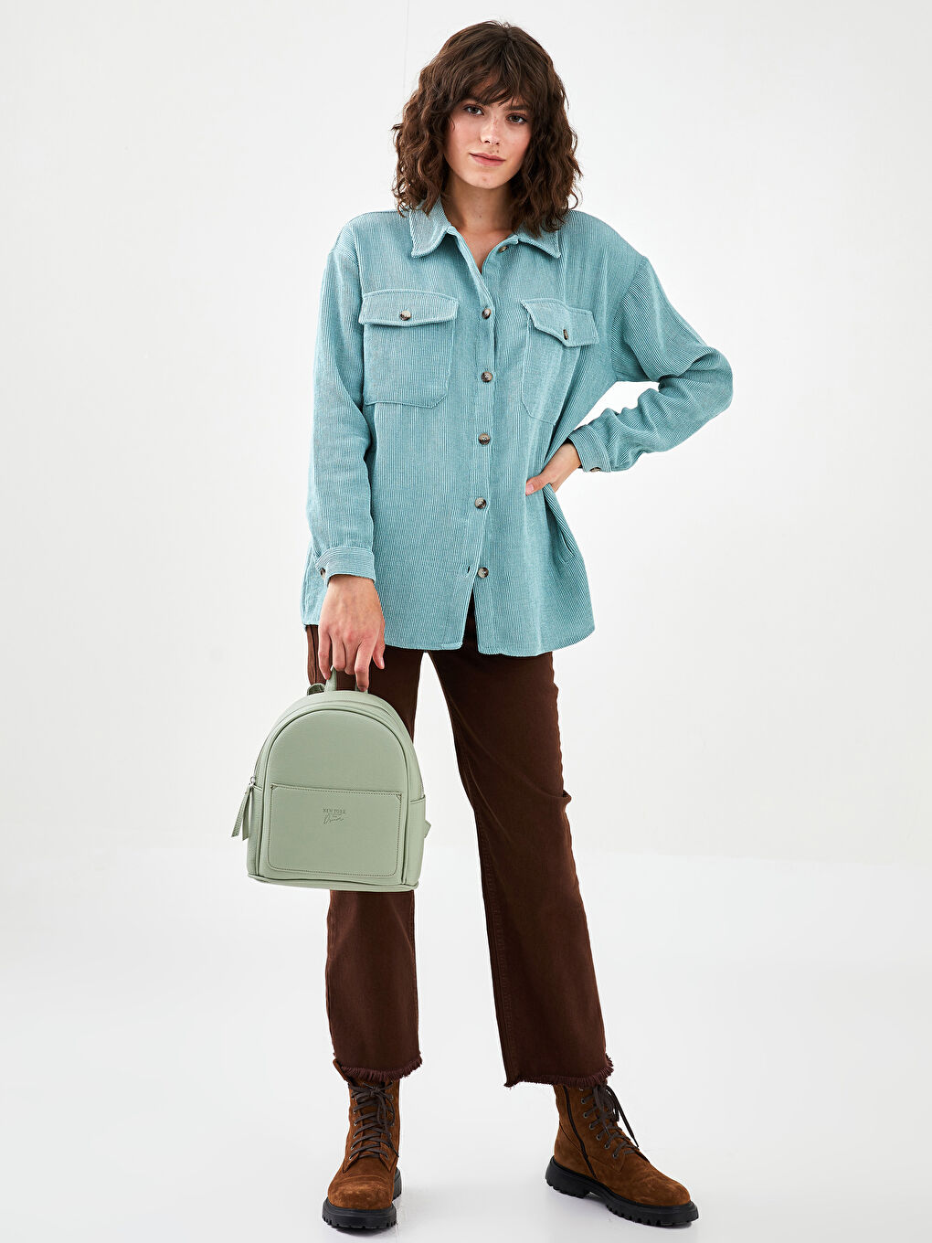 Haki Deri Görünümlü Fermuarlı Kadın Sırt Çantası-2