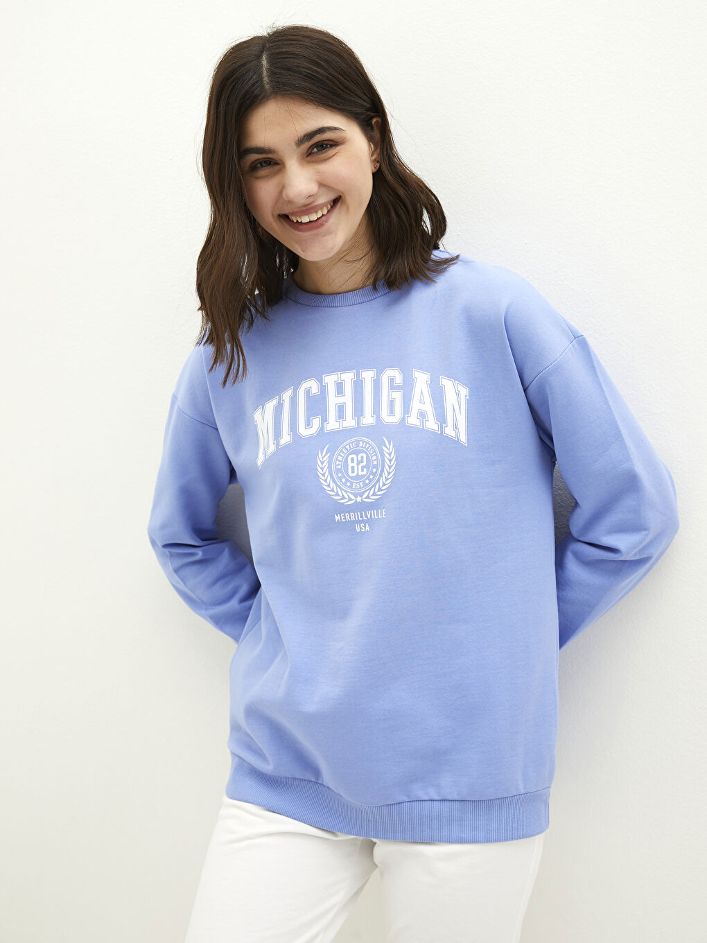 Mavi Bisiklet Yaka Yazı Baskılı Uzun Kollu Kadın Sweatshirt