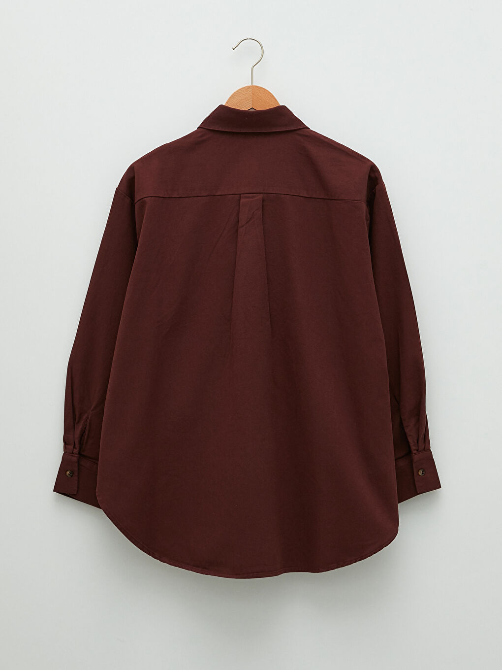 Kahverengi Önden Düğme Kapamalı Düz Uzun Kollu Poplin Kadın Gömlek-6