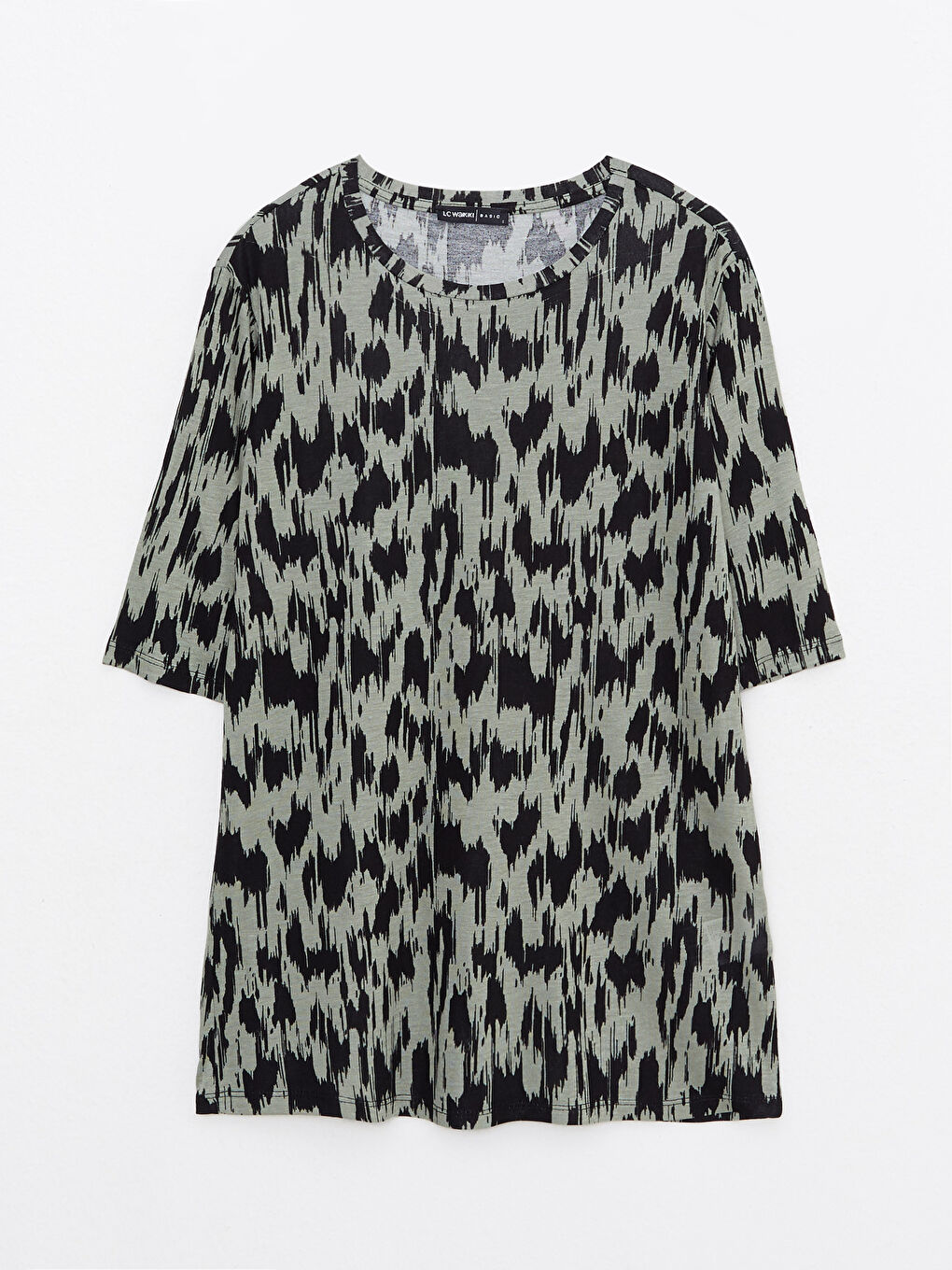 Yeşil Bisiklet Yaka Desenli Kısa Kollu Viskon Kadın Tişört-6