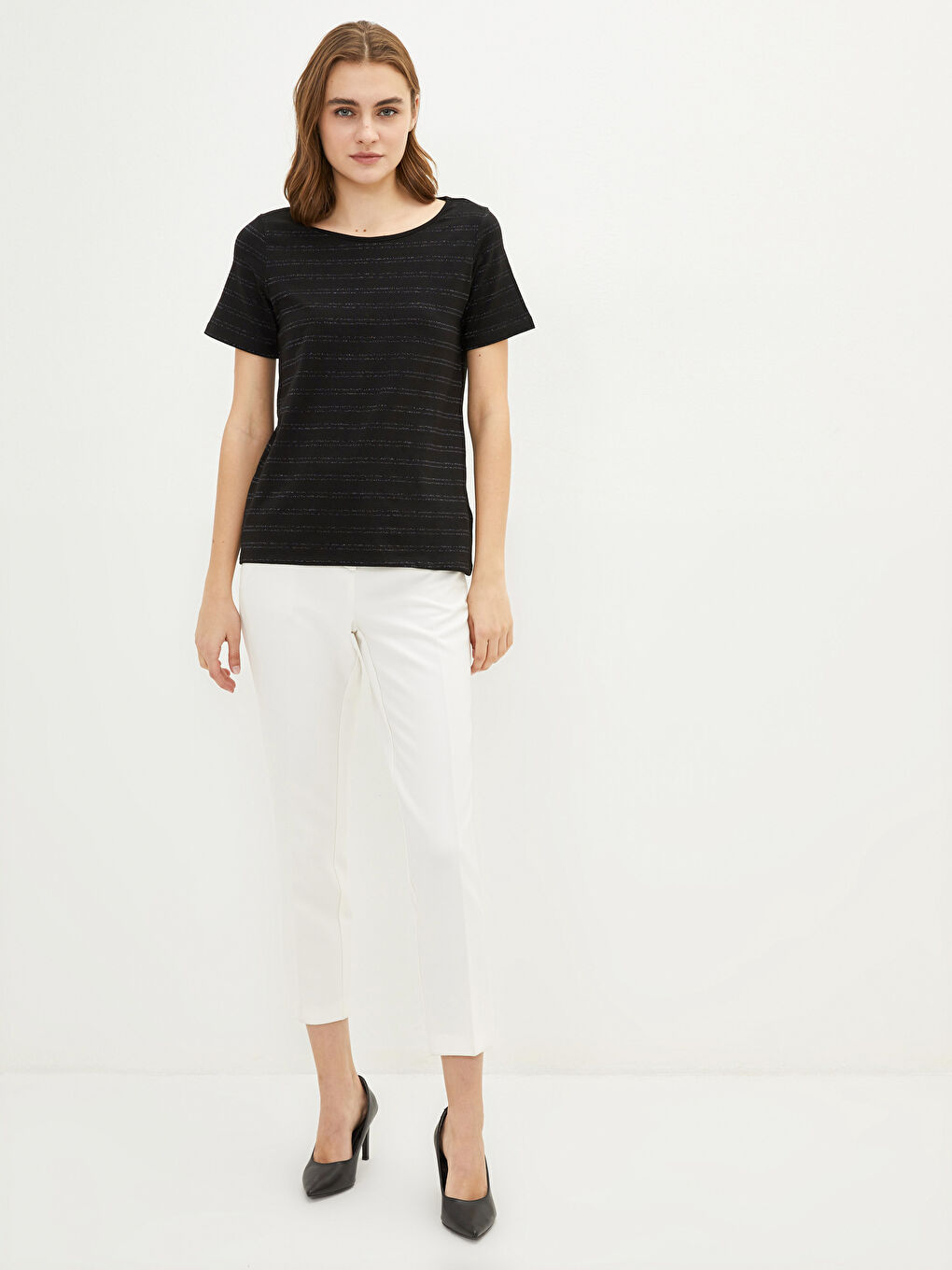 Crew Neck Striped Short Sleeve Women's T-Shirt-1