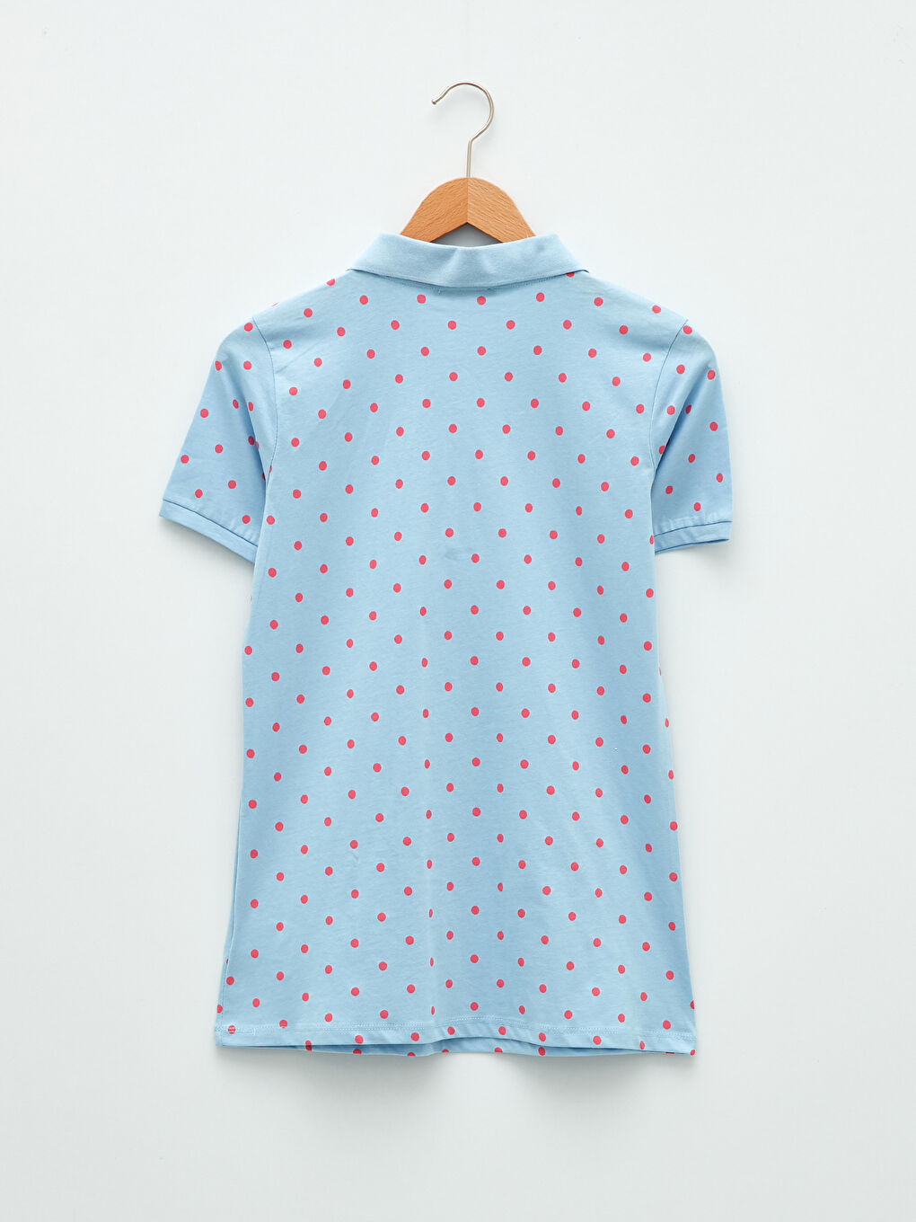 Mavi Polo Yaka Puantiyeli Kısa Kollu Pamuklu Kadın Tişört-5