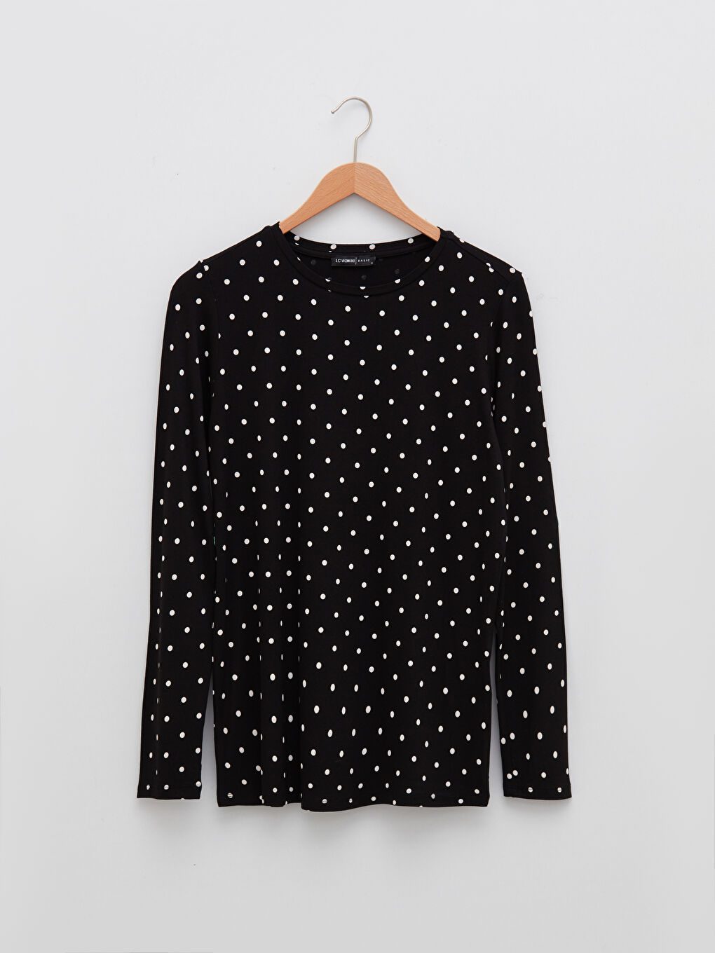 تي شيرت كم طويل بنقشة البولكا دوت بياقة دائرية للسيدات-6