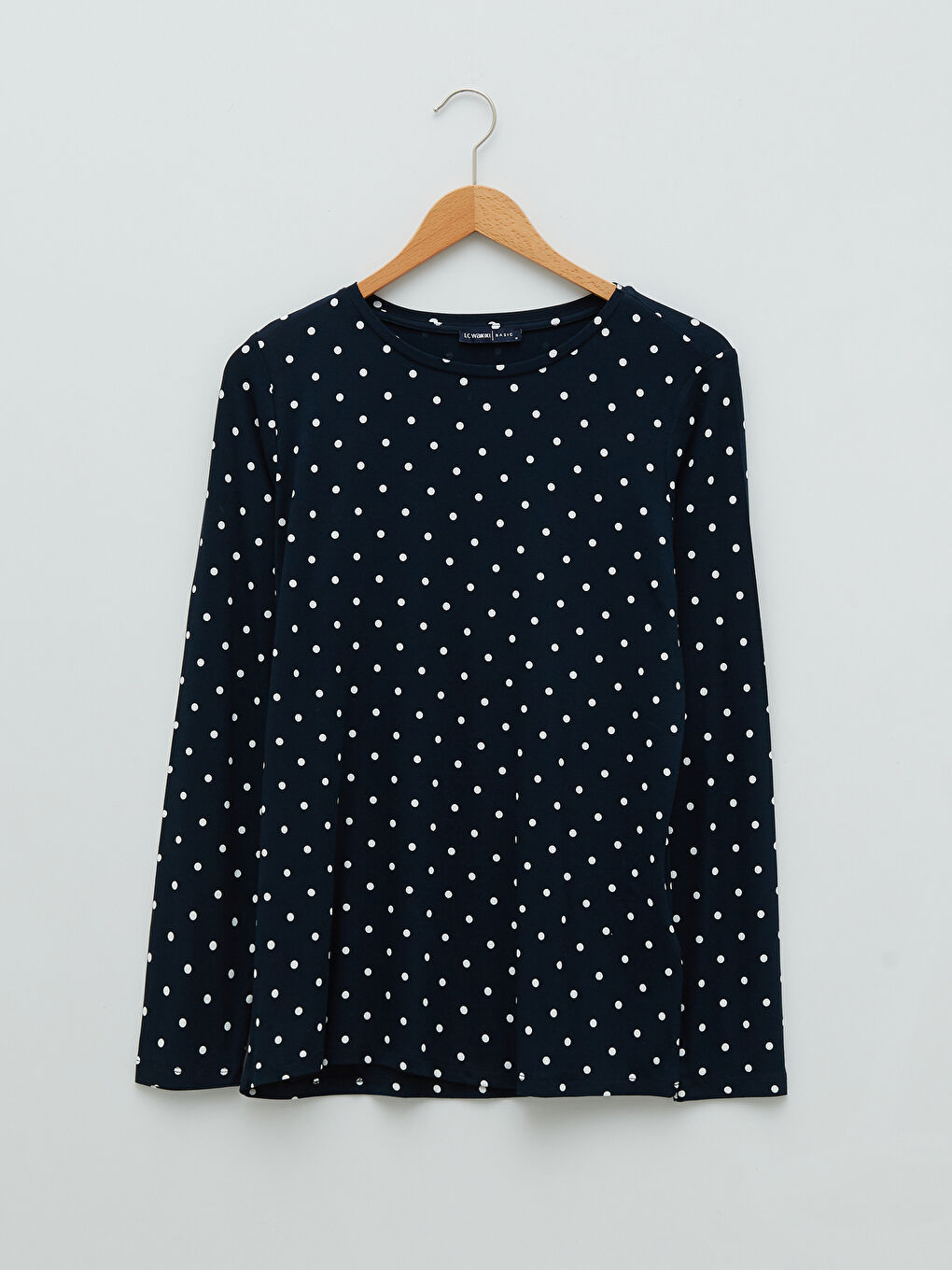 تي شيرت كم طويل بنقشة البولكا دوت بياقة دائرية للسيدات-5