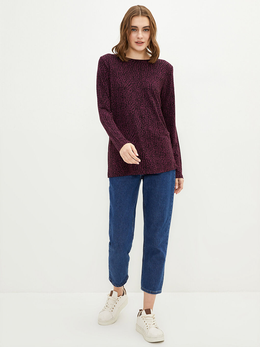 Тениска с кръгло деколте, шарки и дълъг ръкав за жени-1