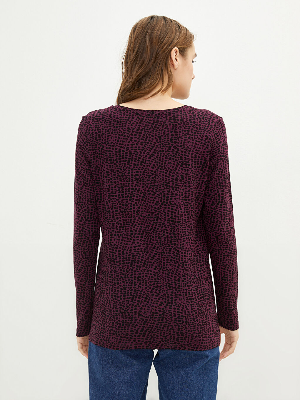 Тениска с кръгло деколте, шарки и дълъг ръкав за жени-3