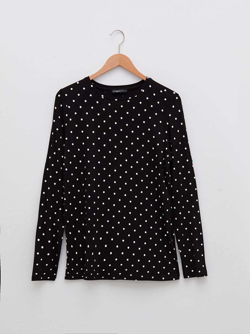 تي شيرت كم طويل بنقشة البولكا دوت بياقة دائرية للسيدات-7