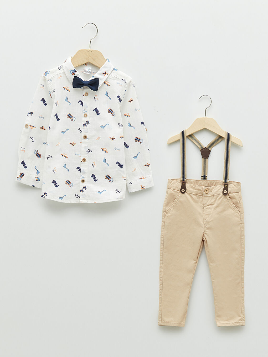 Bej Uzun Kollu Baskılı Pamuklu Erkek Bebek 4'lü Takım