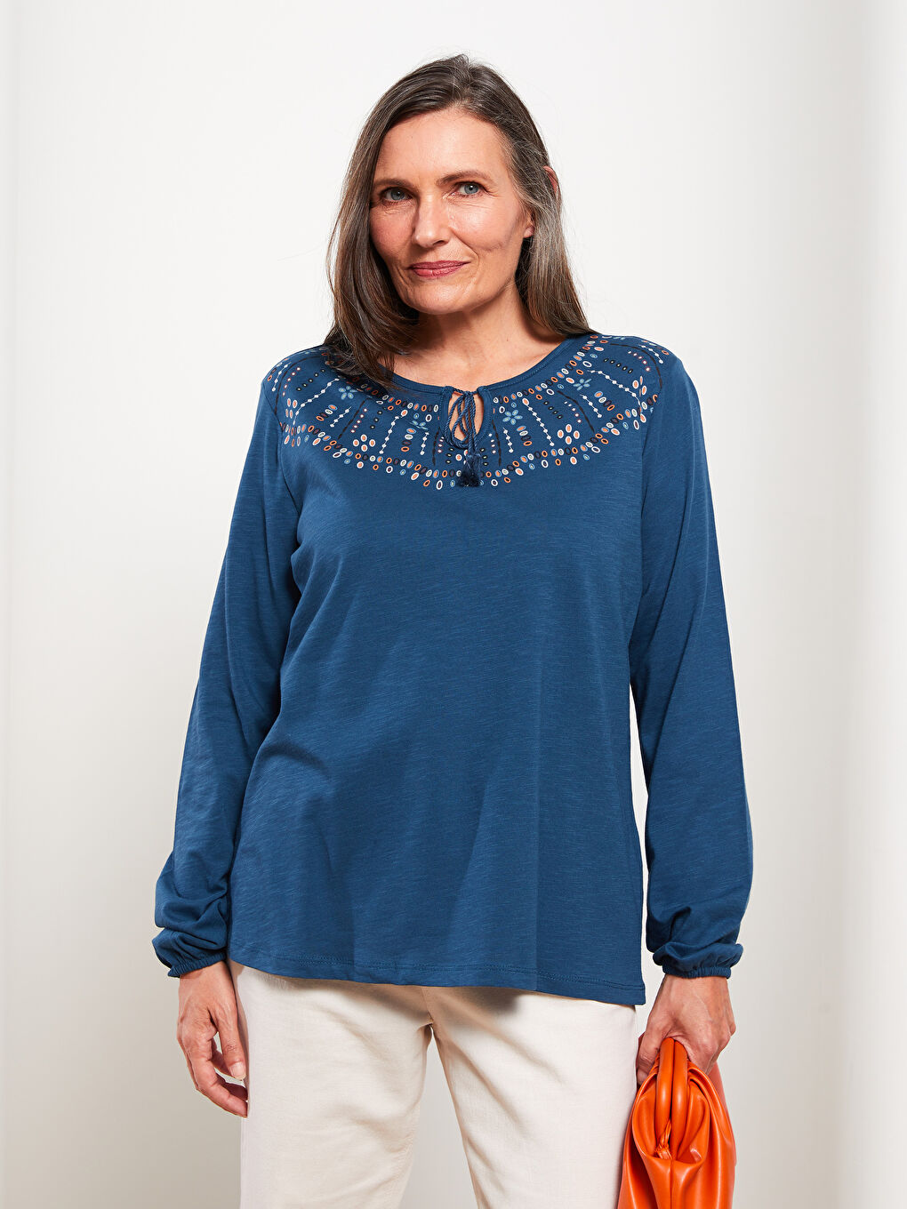 Tie Collar Embroidered Long Sleeve Cotton Women's Blouse-1