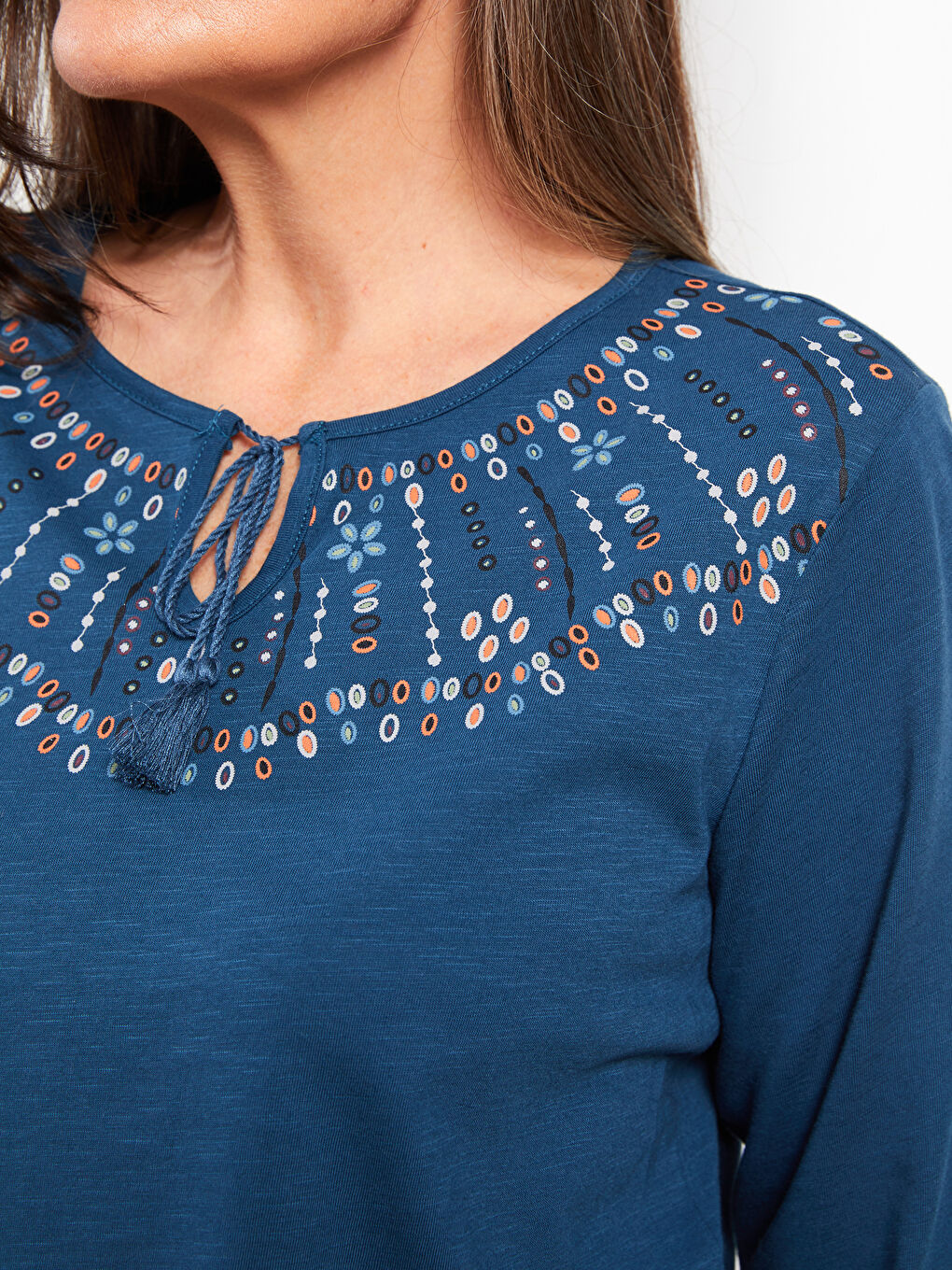 Tie Collar Embroidered Long Sleeve Cotton Women's Blouse-2