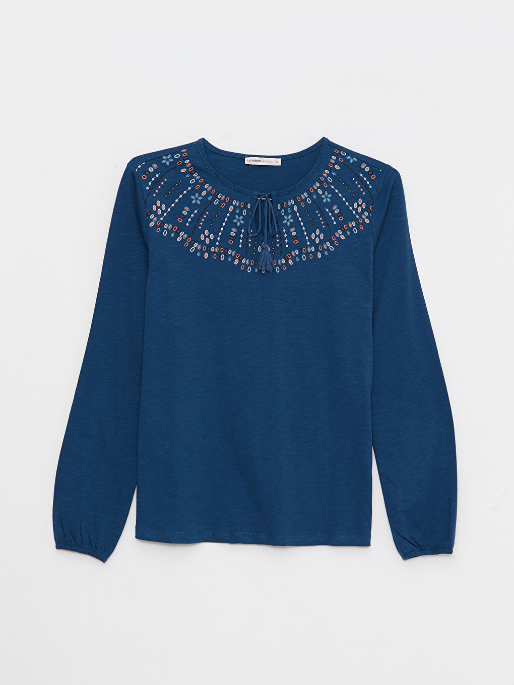 Tie Collar Embroidered Long Sleeve Cotton Women's Blouse-4