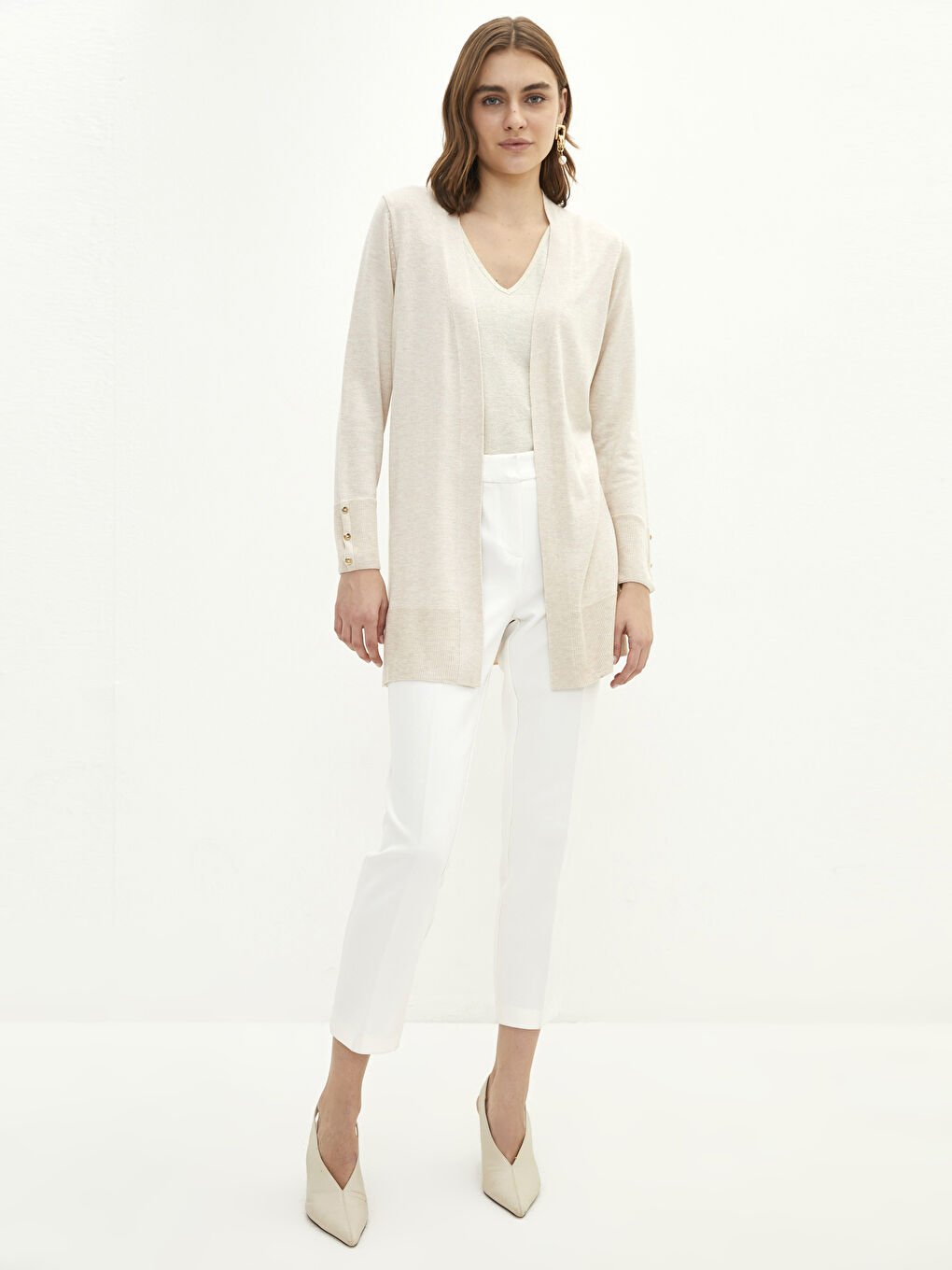 Bej Şal Yaka Düz Uzun Kollu Kadın Triko Hırka-2