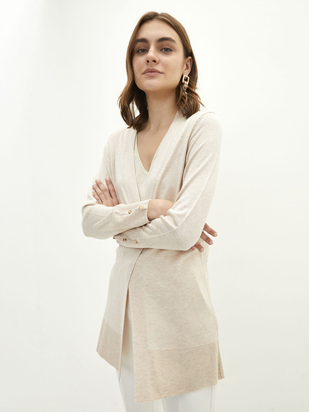 Bej Şal Yaka Düz Uzun Kollu Kadın Triko Hırka-3