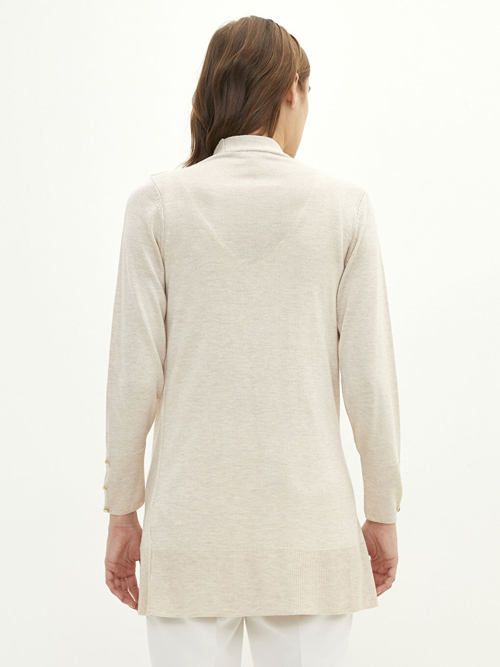 Bej Şal Yaka Düz Uzun Kollu Kadın Triko Hırka-5