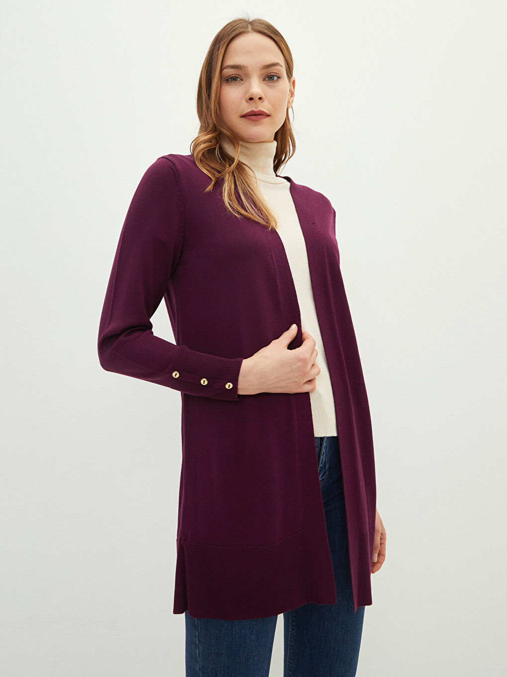 Mürdüm Şal Yaka Düz Uzun Kollu Kadın Triko Hırka