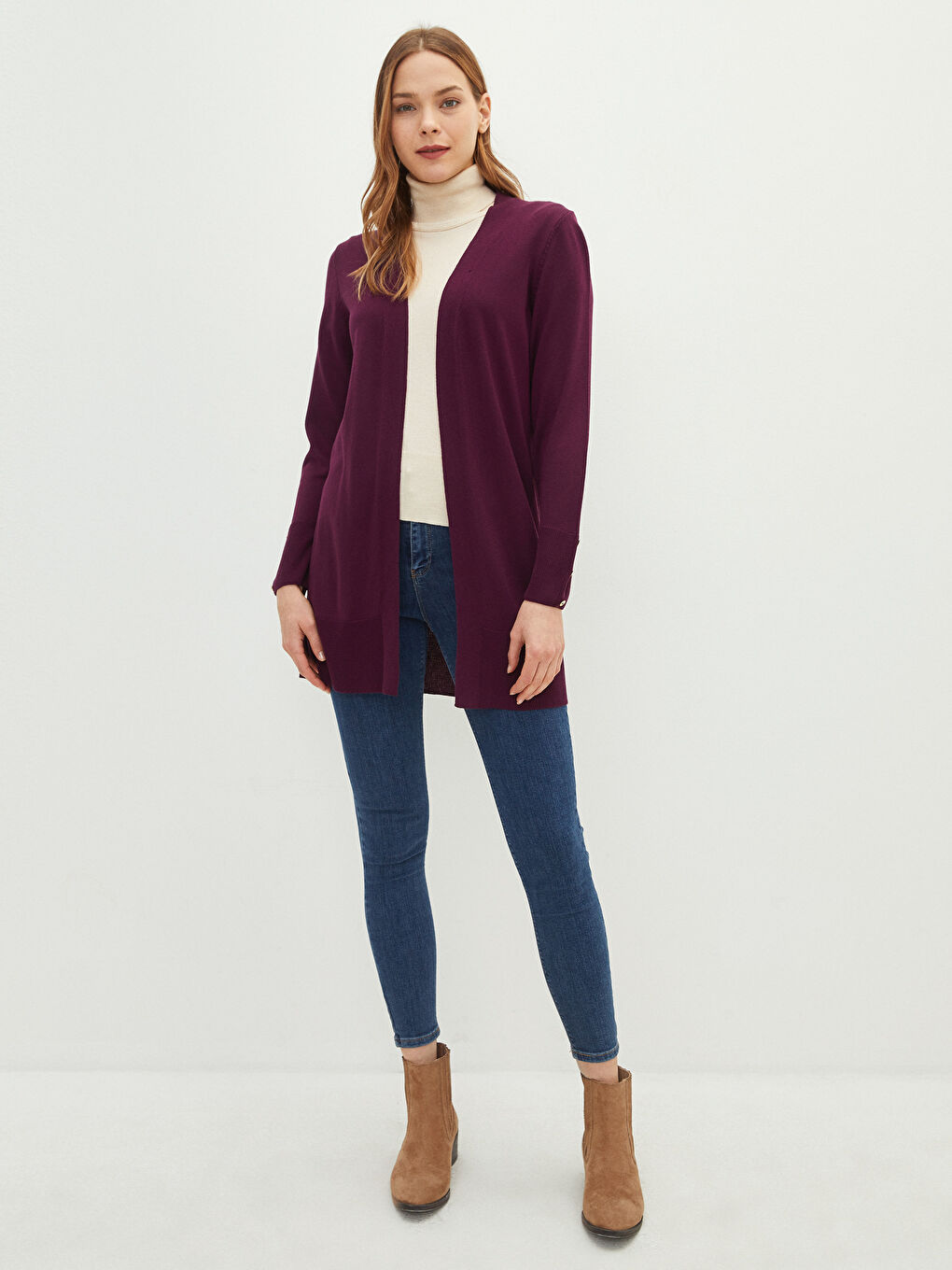 Mürdüm Şal Yaka Düz Uzun Kollu Kadın Triko Hırka-1