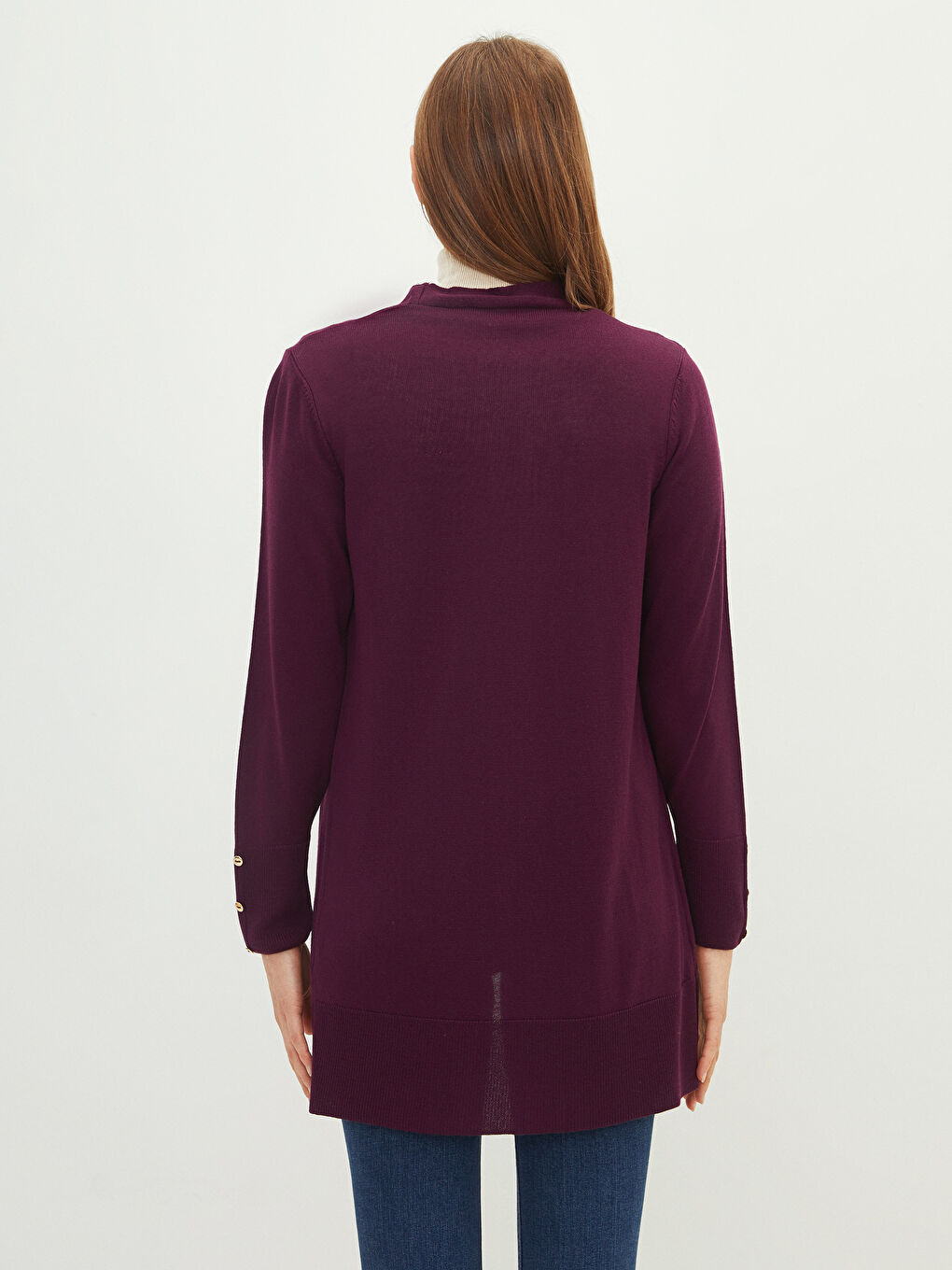 Mürdüm Şal Yaka Düz Uzun Kollu Kadın Triko Hırka-3