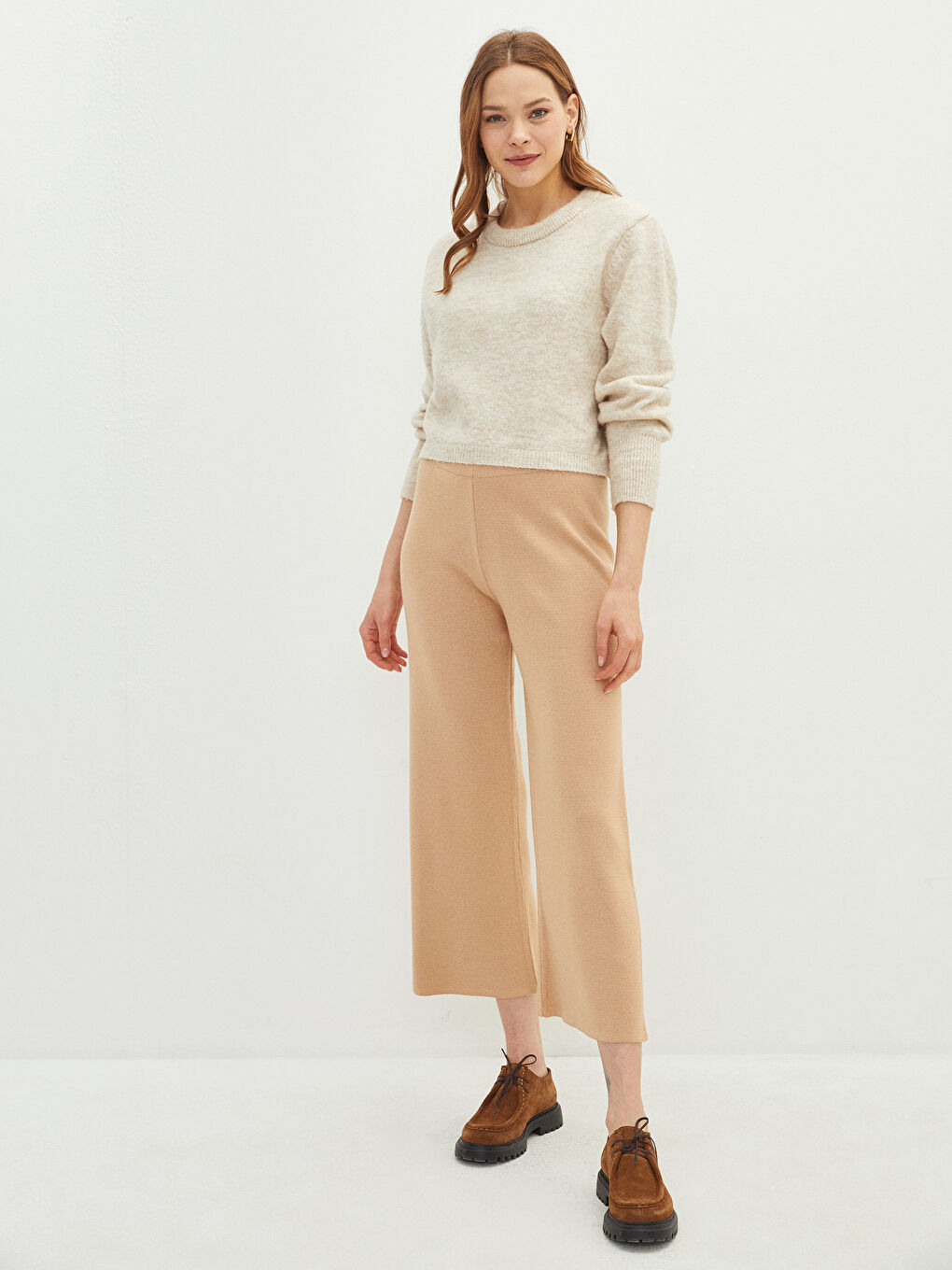 Pantaloni Tricotați Simpli cu Talie Elastică pentru Femei-1