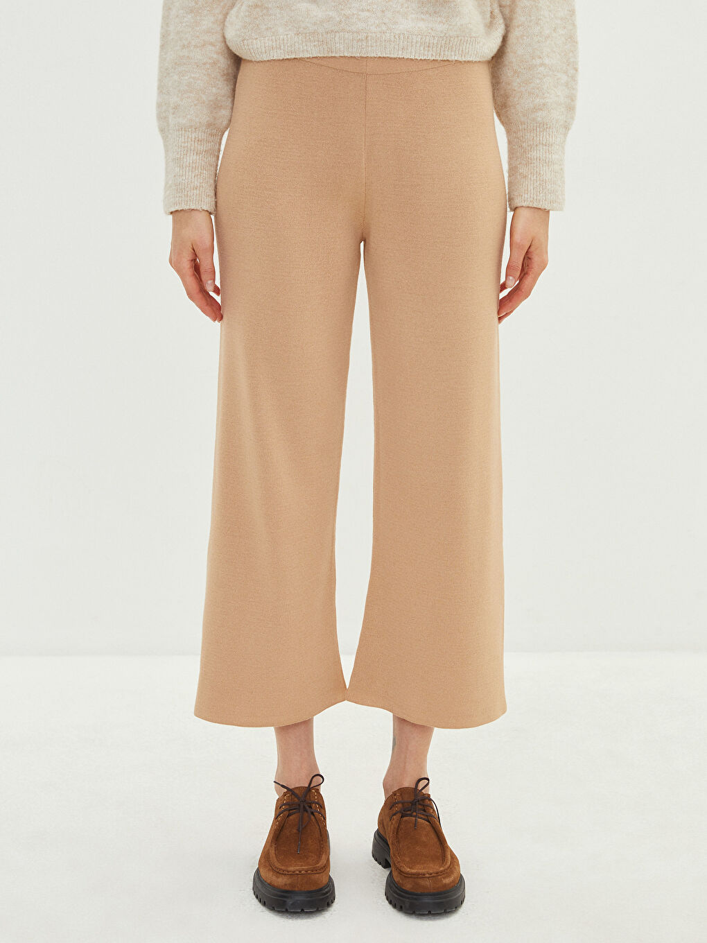 Pantaloni Tricotați Simpli cu Talie Elastică pentru Femei-2