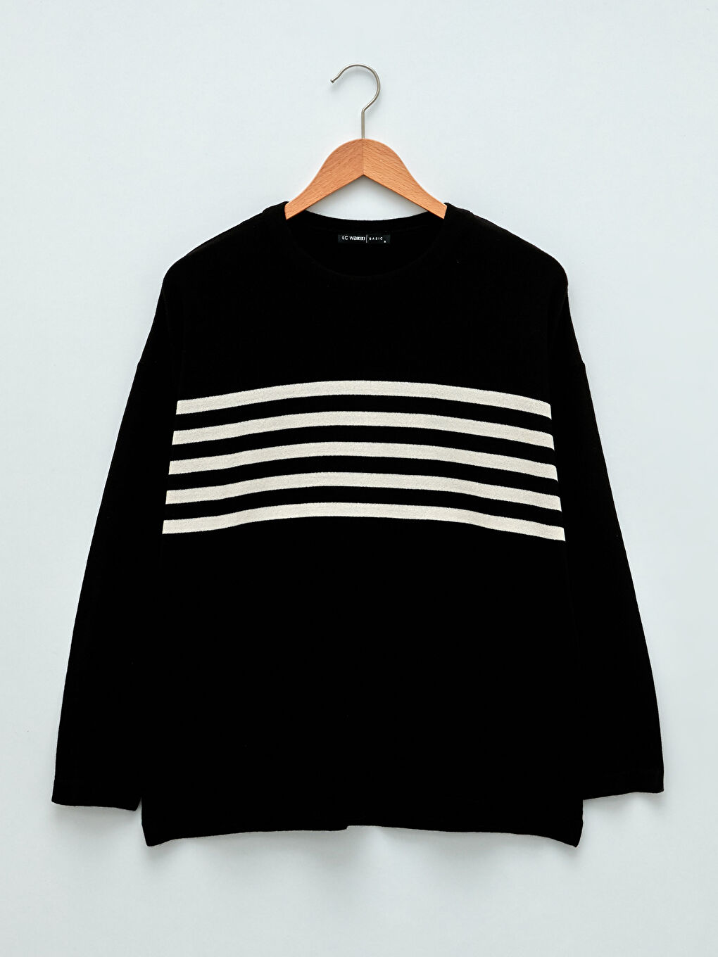 Siyah Bisiklet Yaka Çizgili Uzun Kollu Kadın Triko Kazak-5