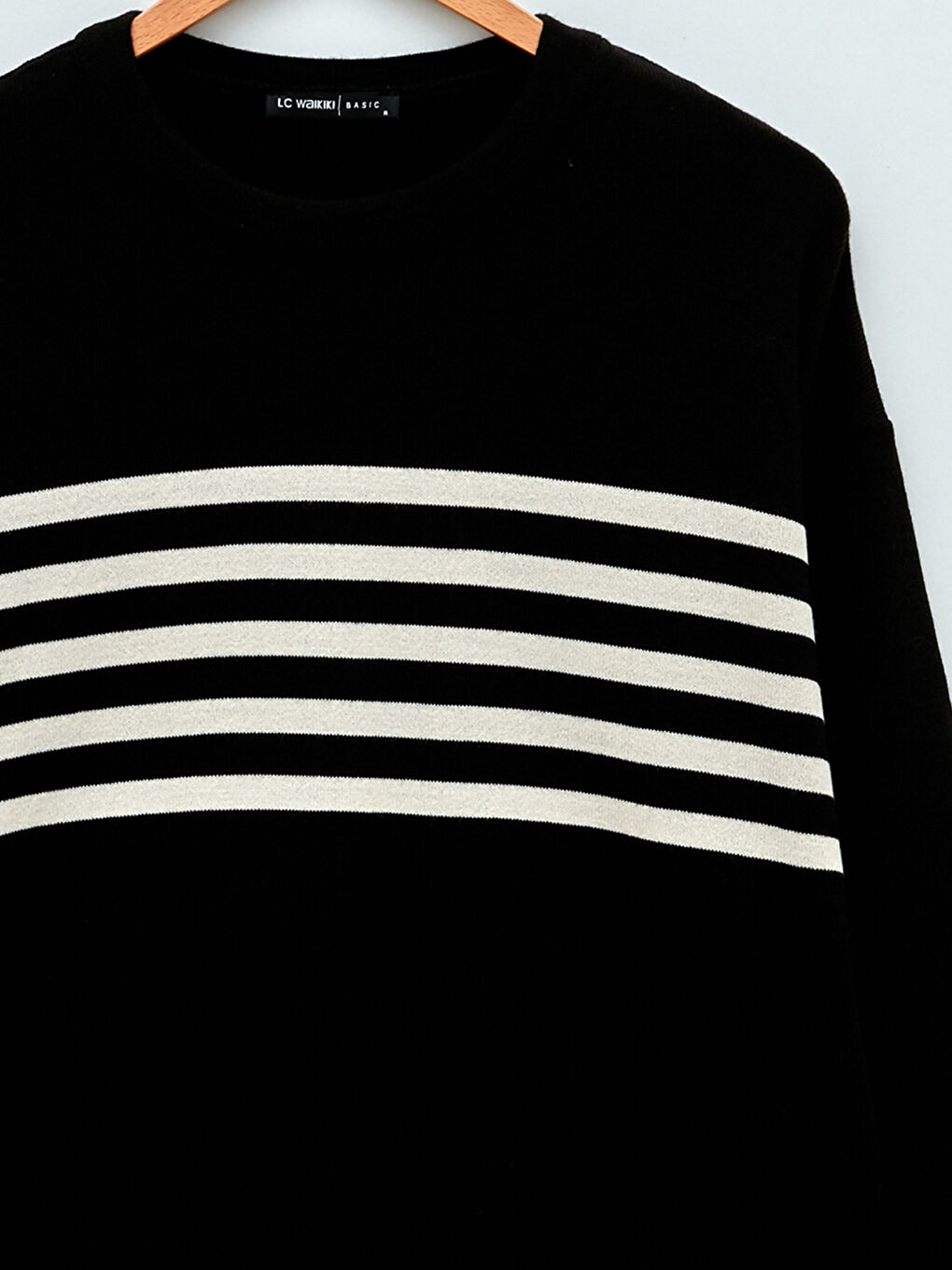 Siyah Bisiklet Yaka Çizgili Uzun Kollu Kadın Triko Kazak-7