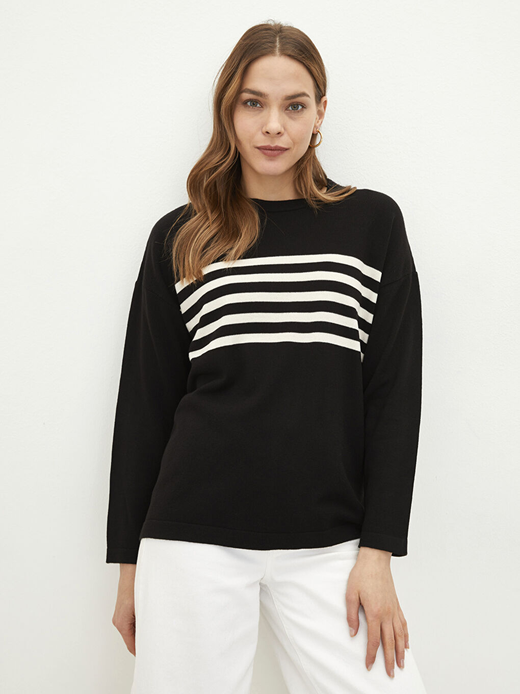 Siyah Bisiklet Yaka Çizgili Uzun Kollu Kadın Triko Kazak