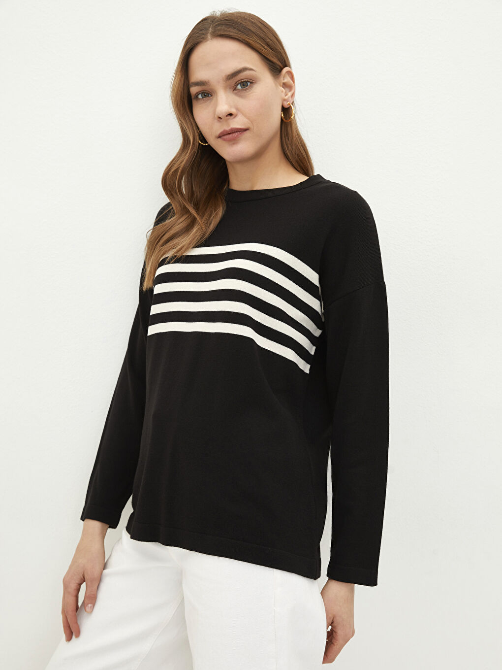 Siyah Bisiklet Yaka Çizgili Uzun Kollu Kadın Triko Kazak-1