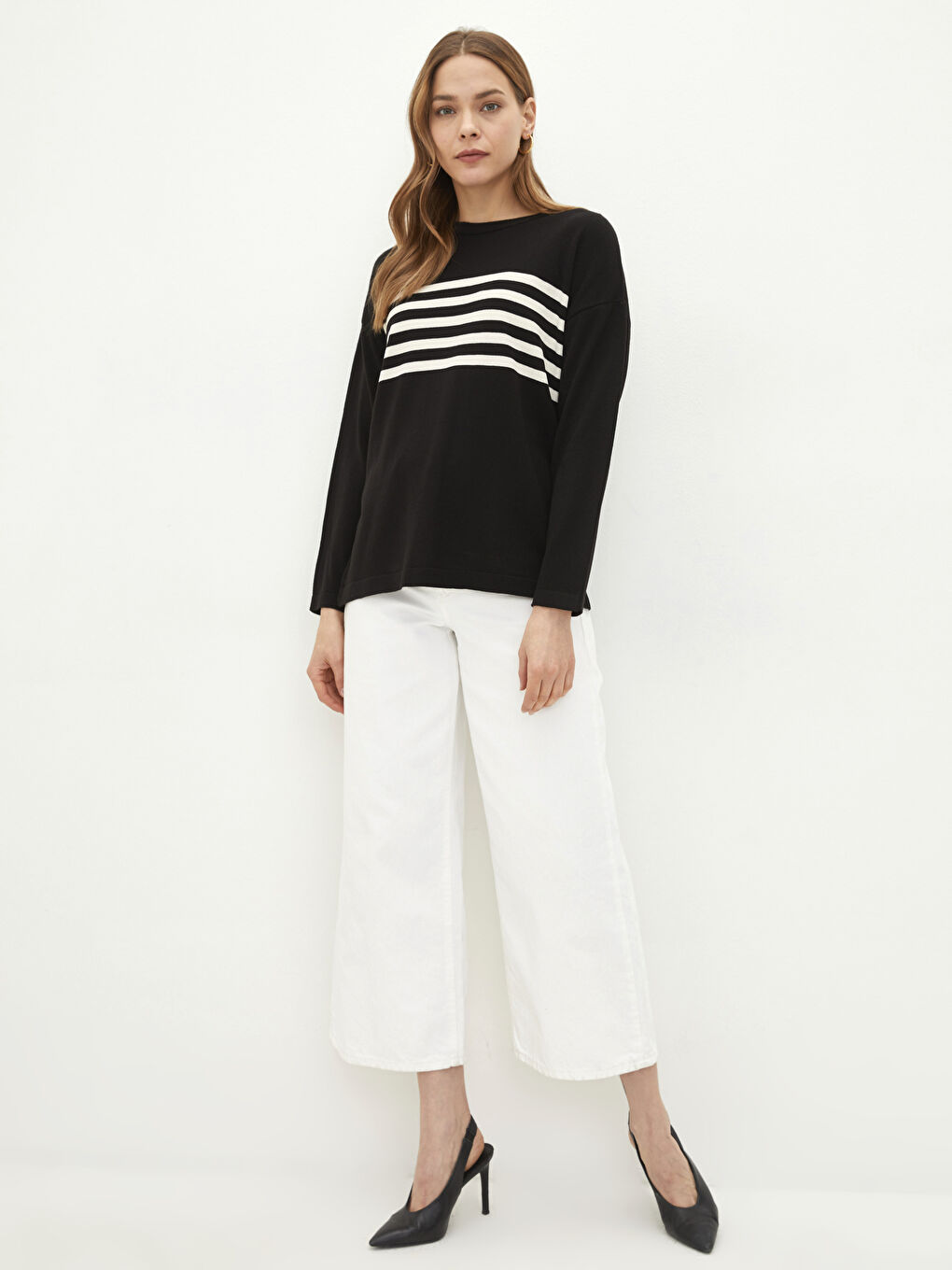 Siyah Bisiklet Yaka Çizgili Uzun Kollu Kadın Triko Kazak-2