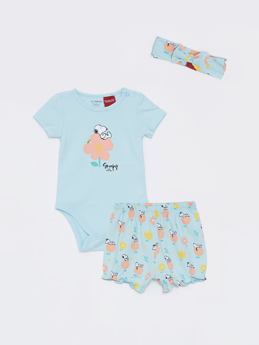 Body à Pressions en Coton Imprimé Snoopy à Manches Courtes et Col Rond avec Short et Bandeau Lot de 3 Pièces pour Bébé Fille