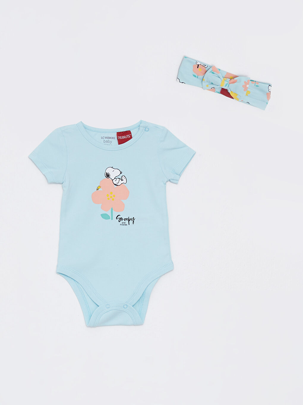 Body à Pressions en Coton Imprimé Snoopy à Manches Courtes et Col Rond avec Short et Bandeau Lot de 3 Pièces pour Bébé Fille-1