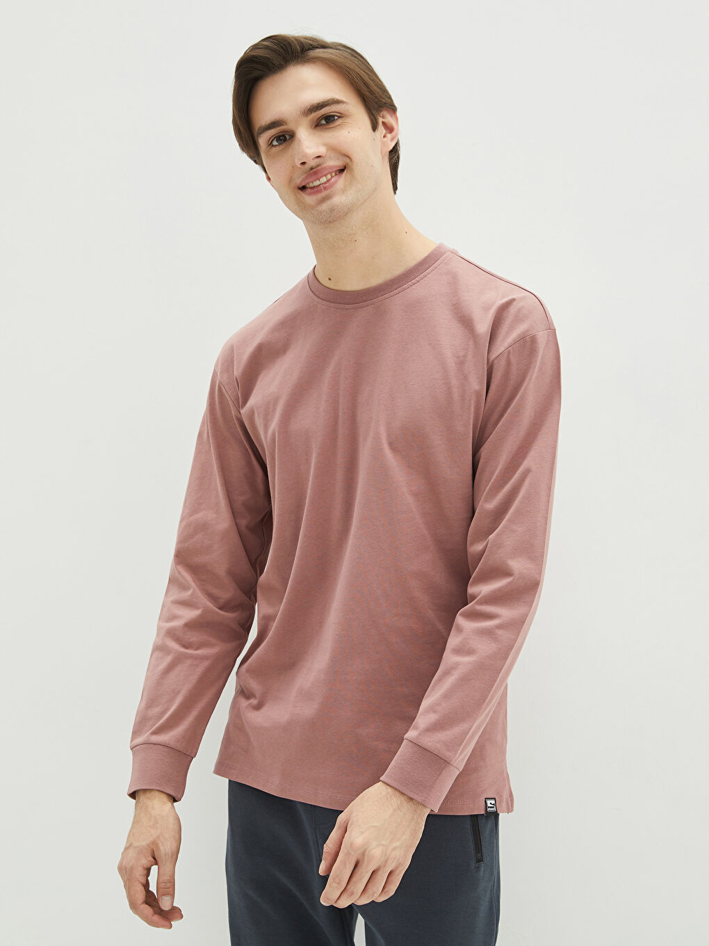 Pembe Bisiklet Yaka Uzun Kollu Erkek Sweatshirt-1