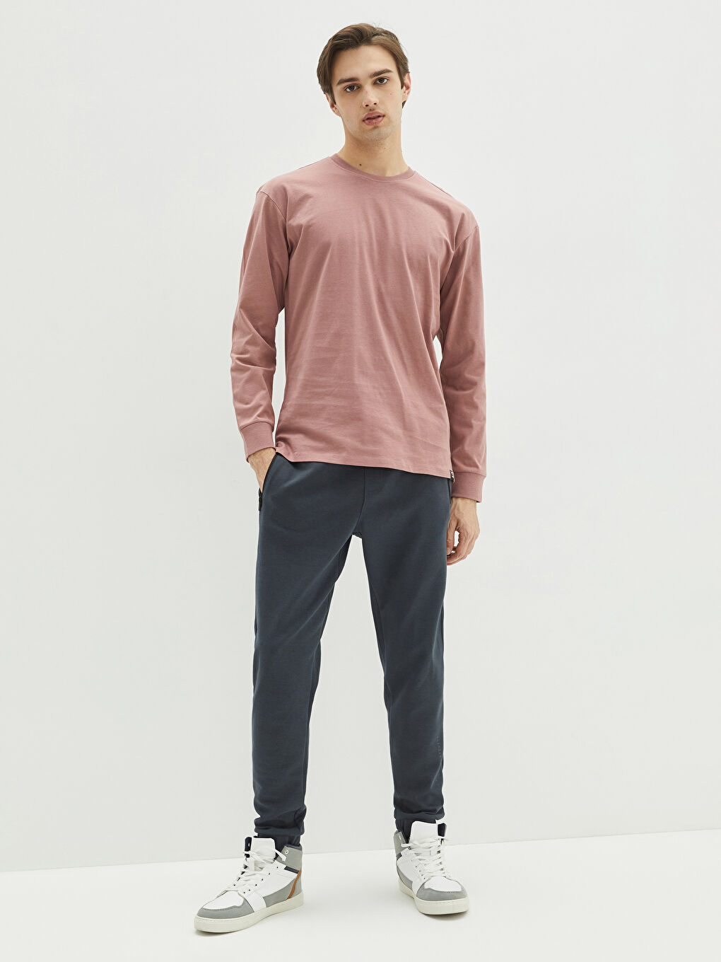 Pembe Bisiklet Yaka Uzun Kollu Erkek Sweatshirt-2