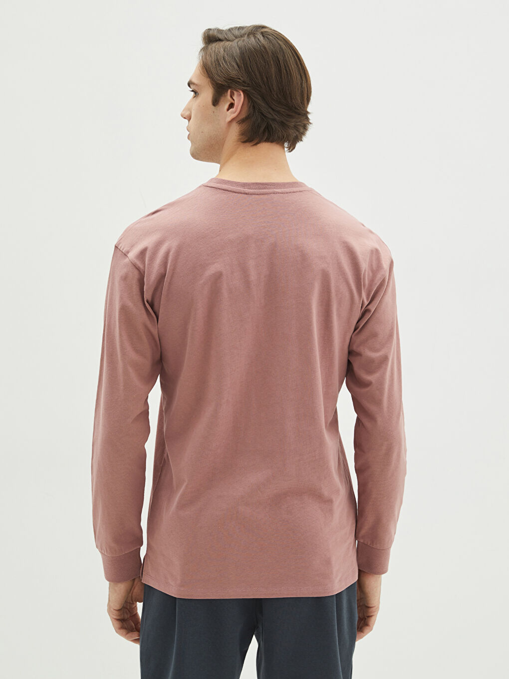 Pembe Bisiklet Yaka Uzun Kollu Erkek Sweatshirt-4