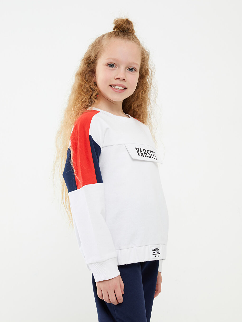 Beyaz Bisiklet Yaka Baskılı Uzun Kollu Kız Çocuk Sweatshirt