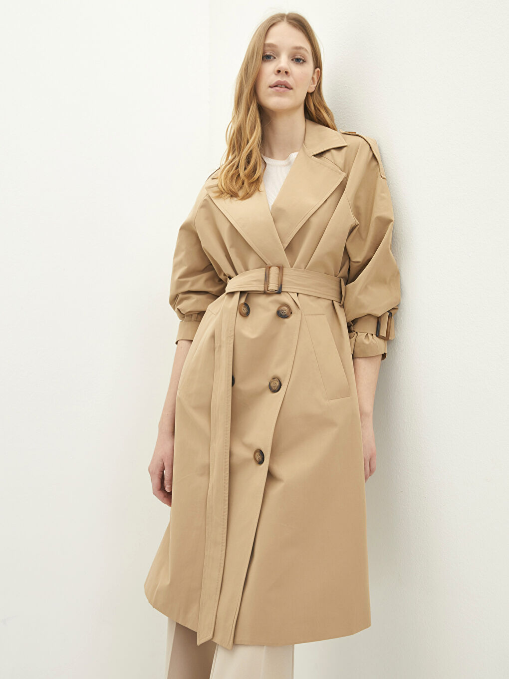 Bej Ceket Yaka Oversize Kadın Trençkot