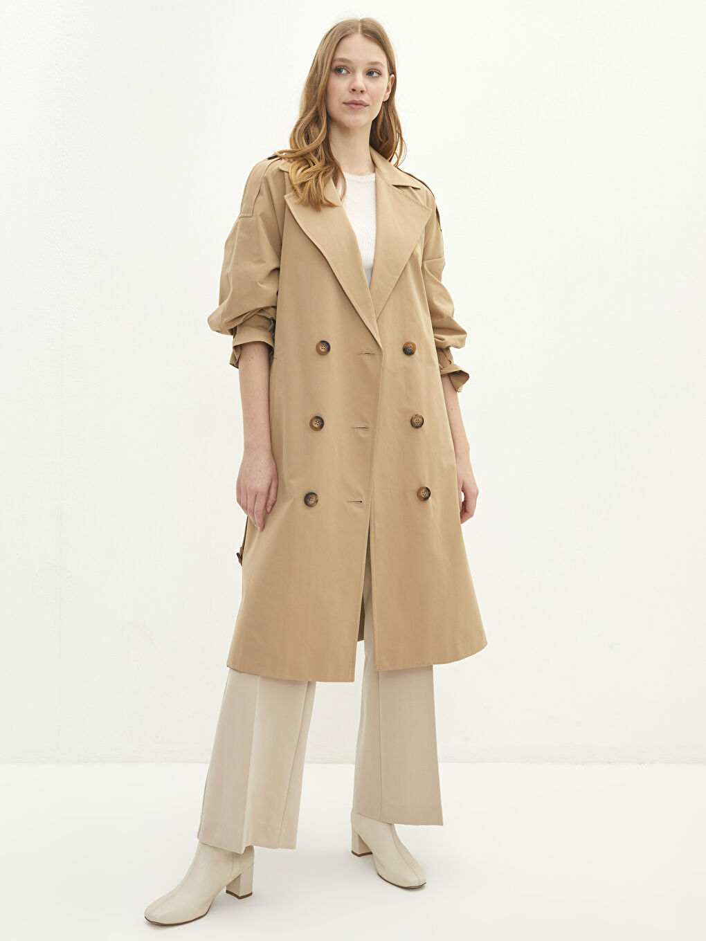 Bej Ceket Yaka Oversize Kadın Trençkot-2