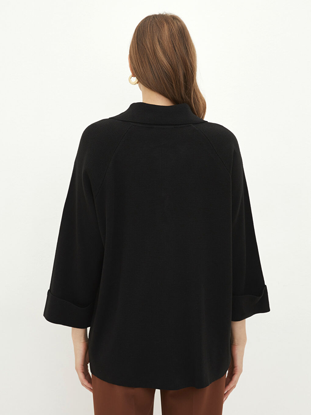 Siyah Polo Yaka Kadın Triko Hırka-4