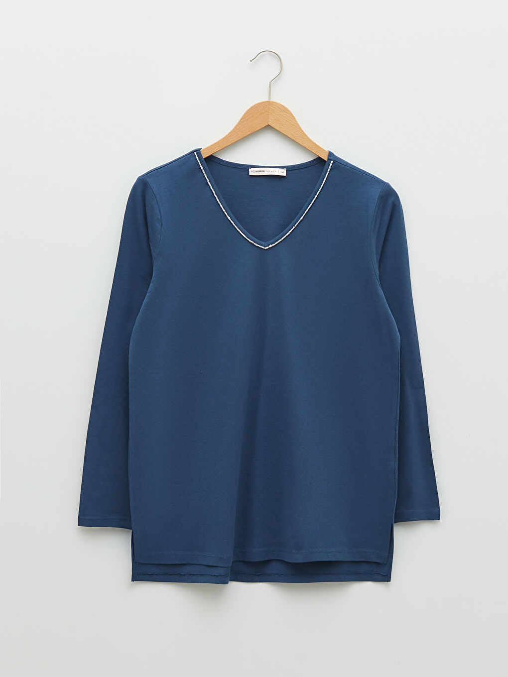 İndigo V Yaka Düz Uzun Kollu Pamuklu Kadın Tişört-5