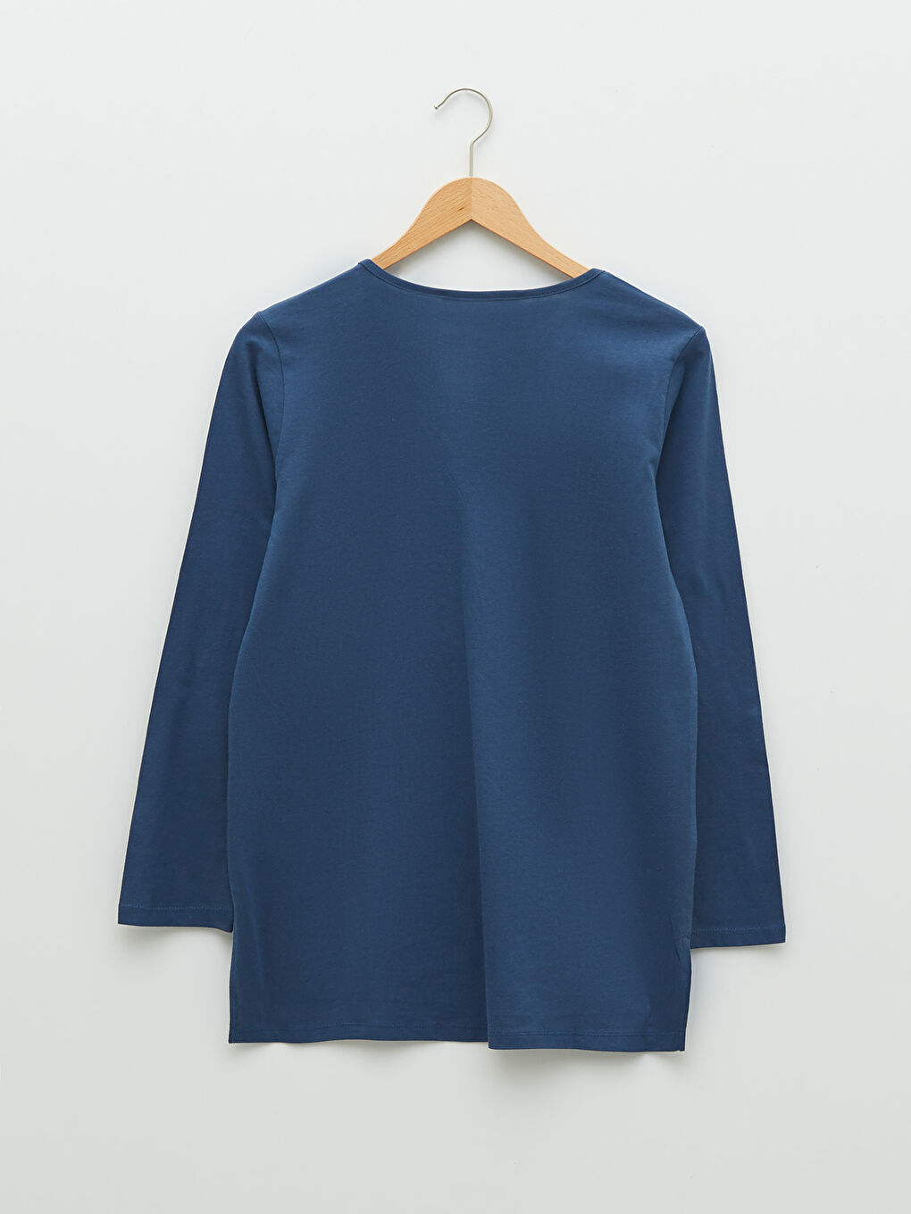 İndigo V Yaka Düz Uzun Kollu Pamuklu Kadın Tişört-6