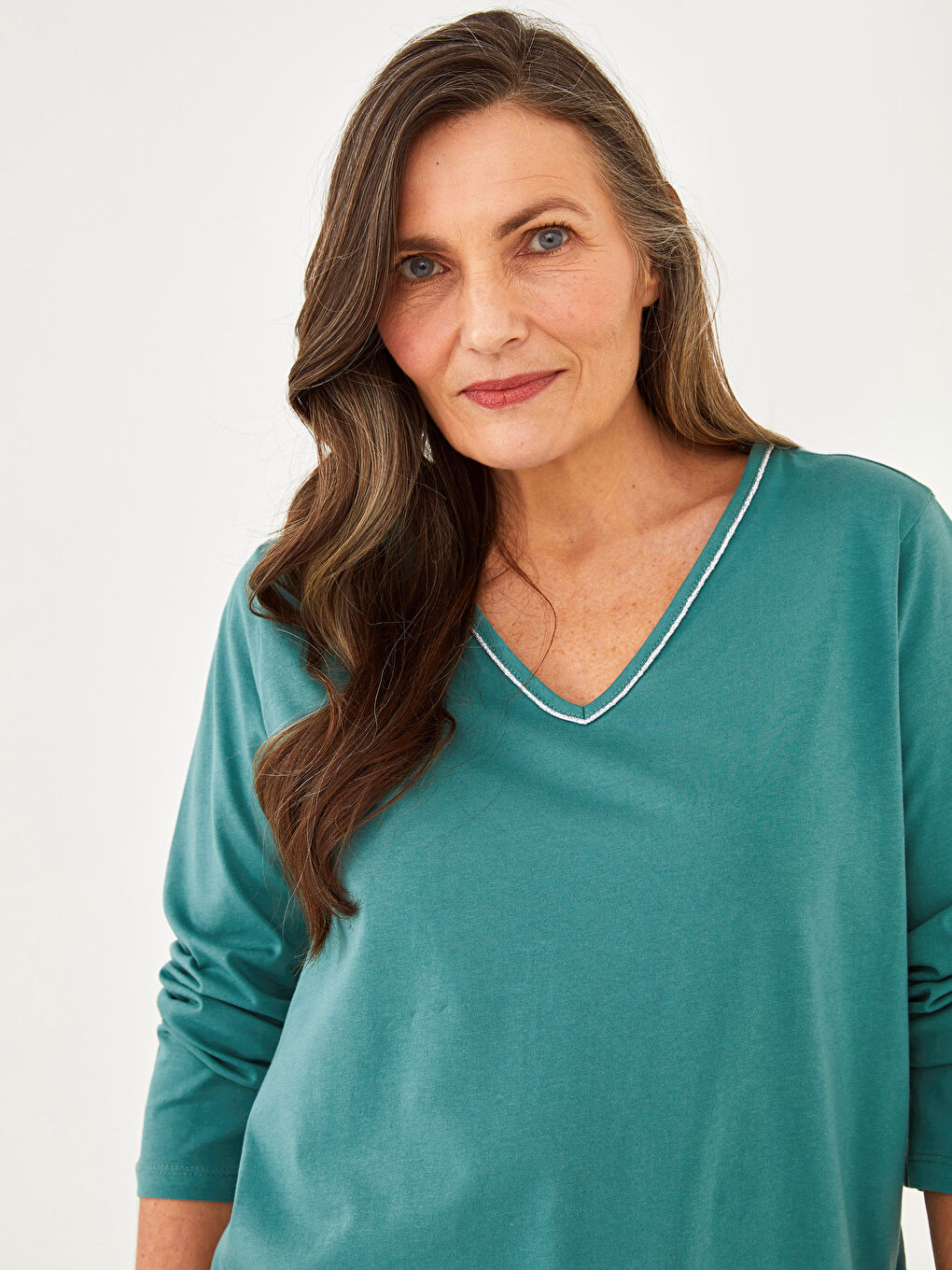 V Neck Straight Long Sleeve Cotton Women's T-Shirt-1