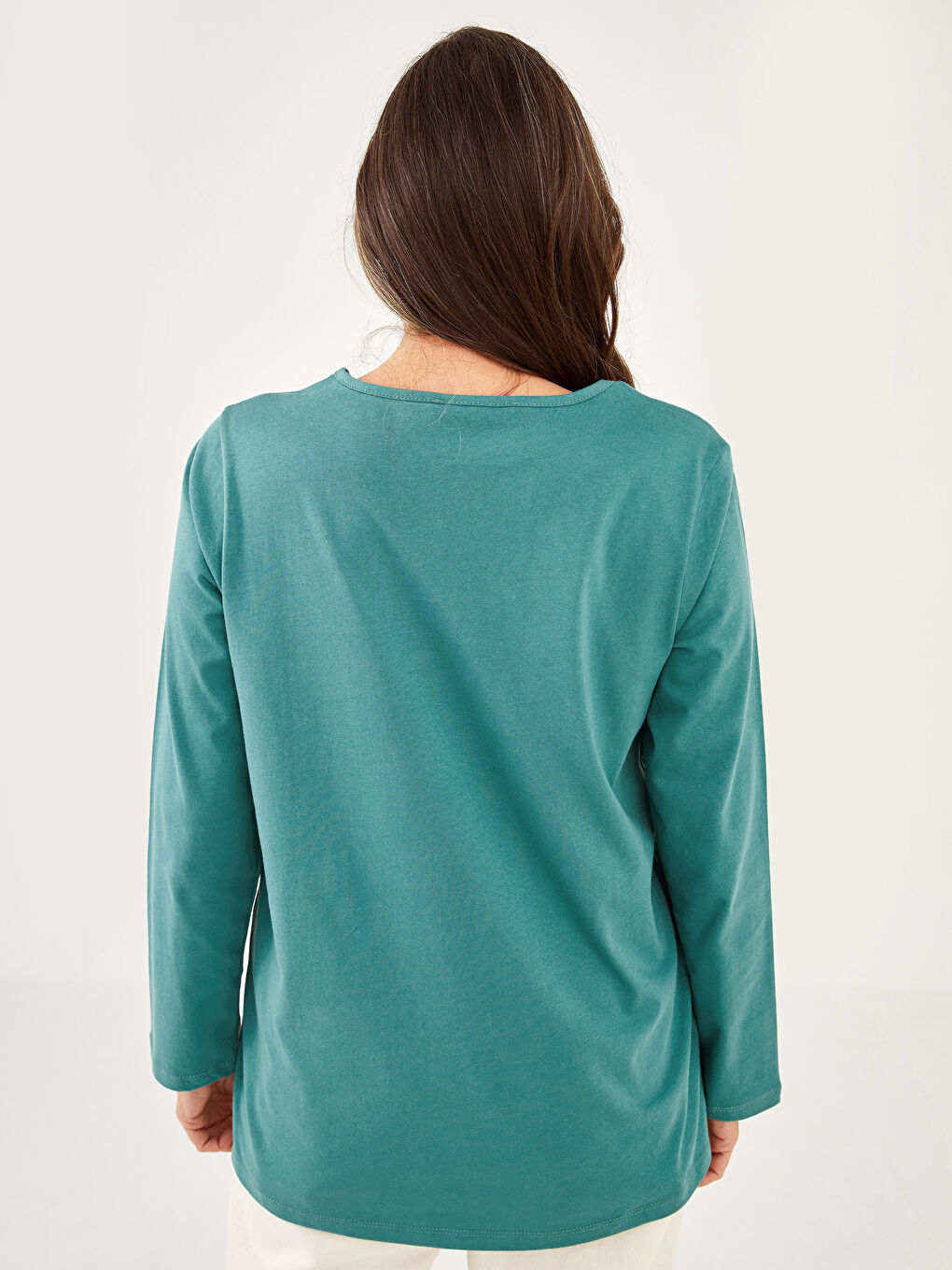 V Neck Straight Long Sleeve Cotton Women's T-Shirt-3