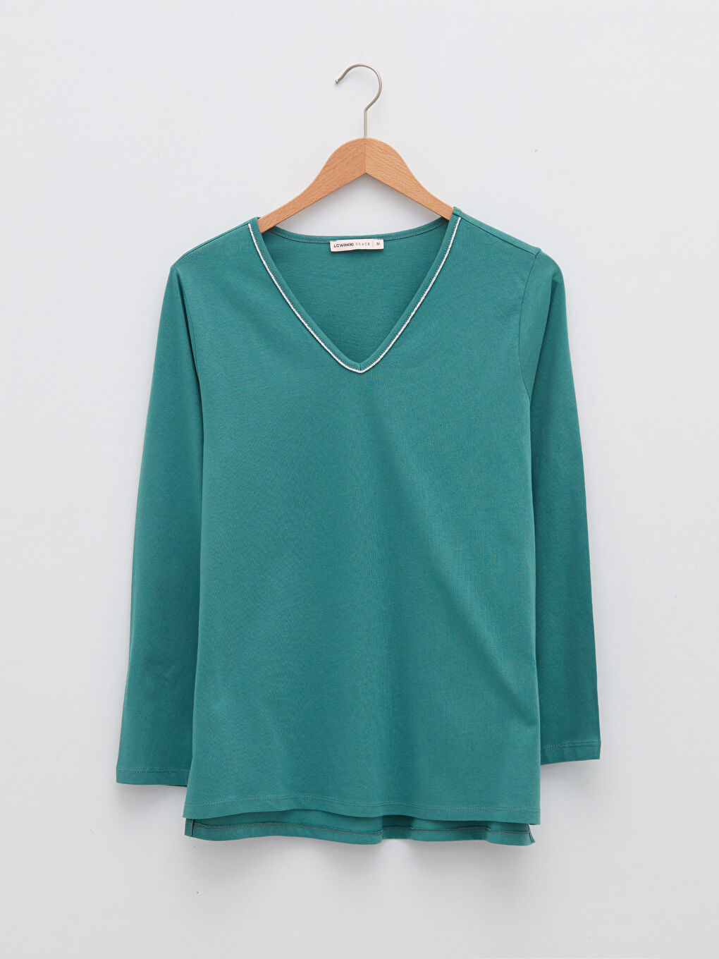 V Neck Straight Long Sleeve Cotton Women's T-Shirt-4