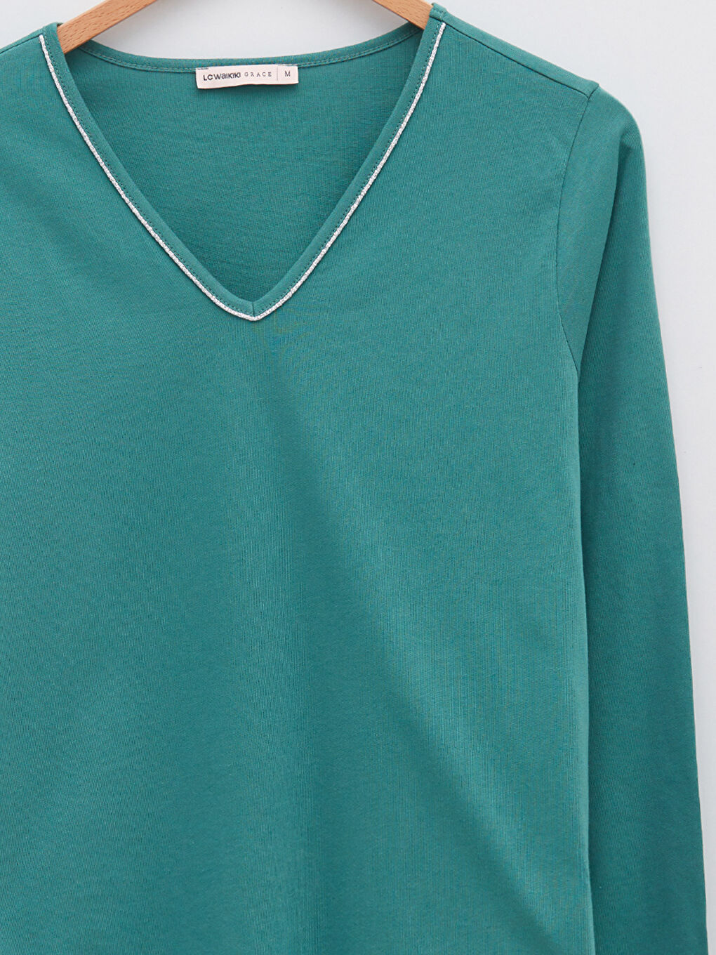 V Neck Straight Long Sleeve Cotton Women's T-Shirt-6