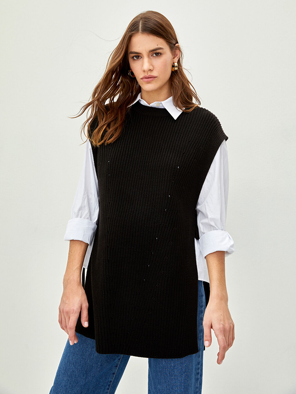 Siyah Kadın Bisiklet Yaka Düz Süveter-1